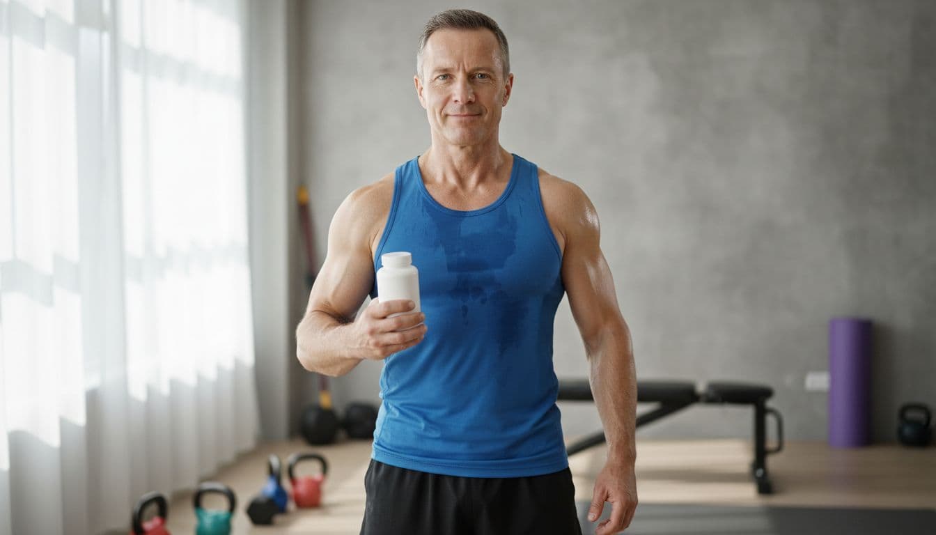 Middle-aged athletic man in his 40s stands confidently in a home gym holding a multivitamin bottle, looking focused and revitalized post-workout under natural daylight.