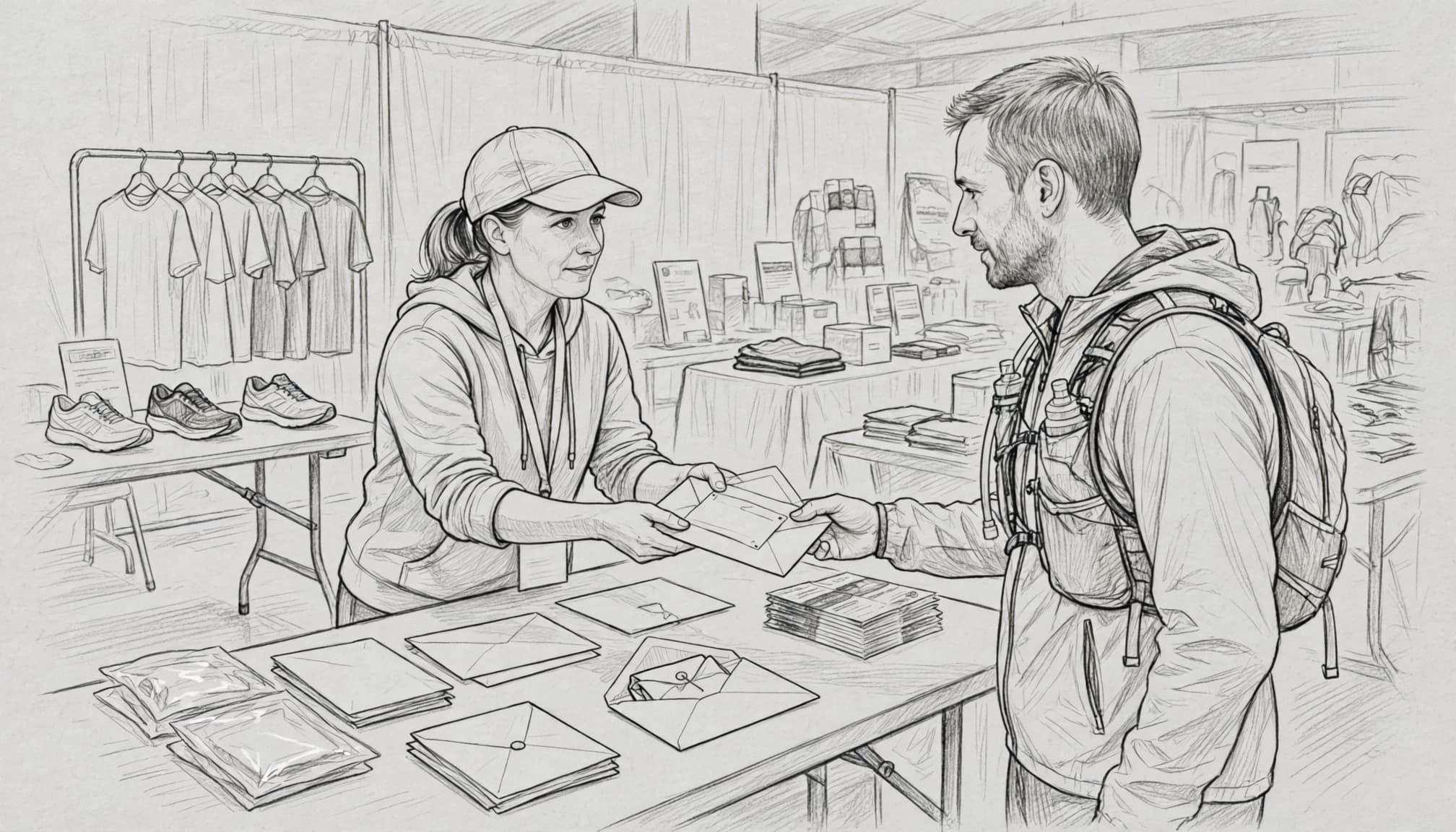 A runner receives a race packet from a volunteer at an indoor expo.