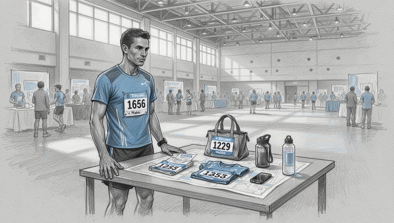 A runner stands beside race materials arranged on a table at a bright expo.
