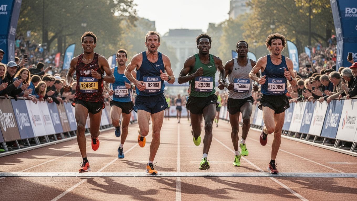 Four runners cross a race finish line outdoors, displaying varying emotions of physical exhaustion and immense relief. Sunlight illuminates their tired faces as they complete the long-distance endurance event together.