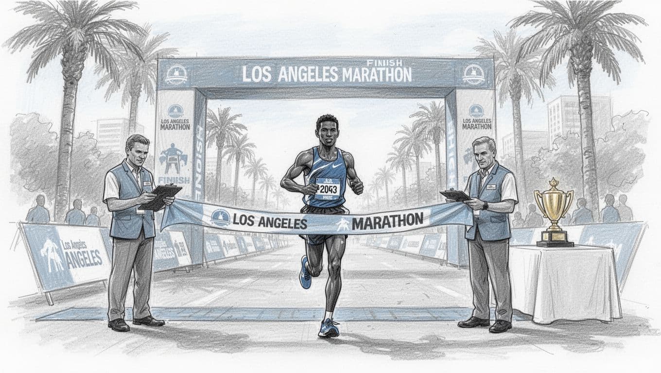 A marathon runner finishes as two officials review timing records near an awards table.