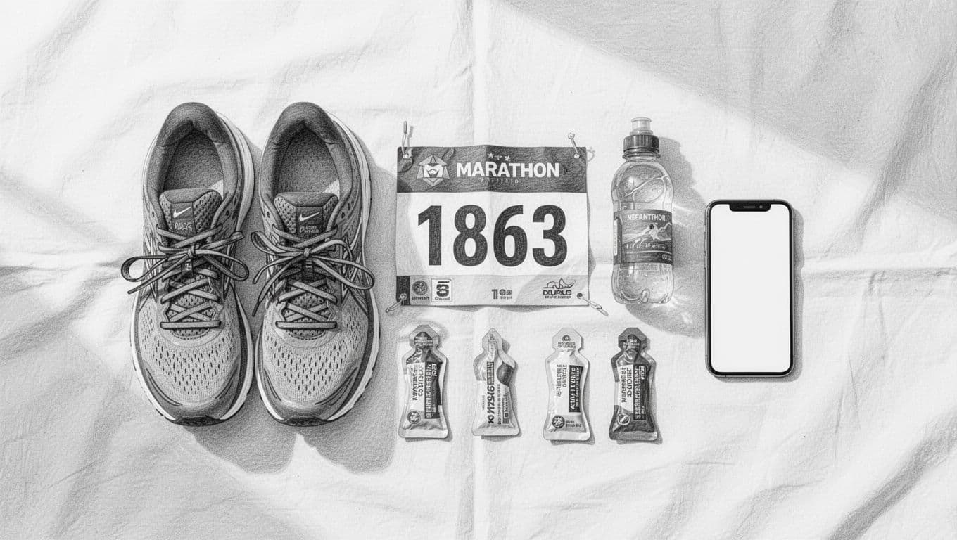 Graphite sketch of running shoes, race bib, water bottle, gels, and phone arranged on paper.