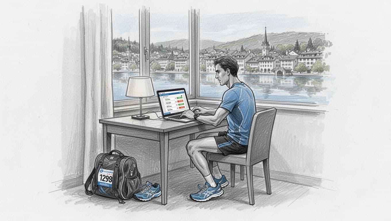 A marathon runner checks a laptop beside a race bag and running shoes.
