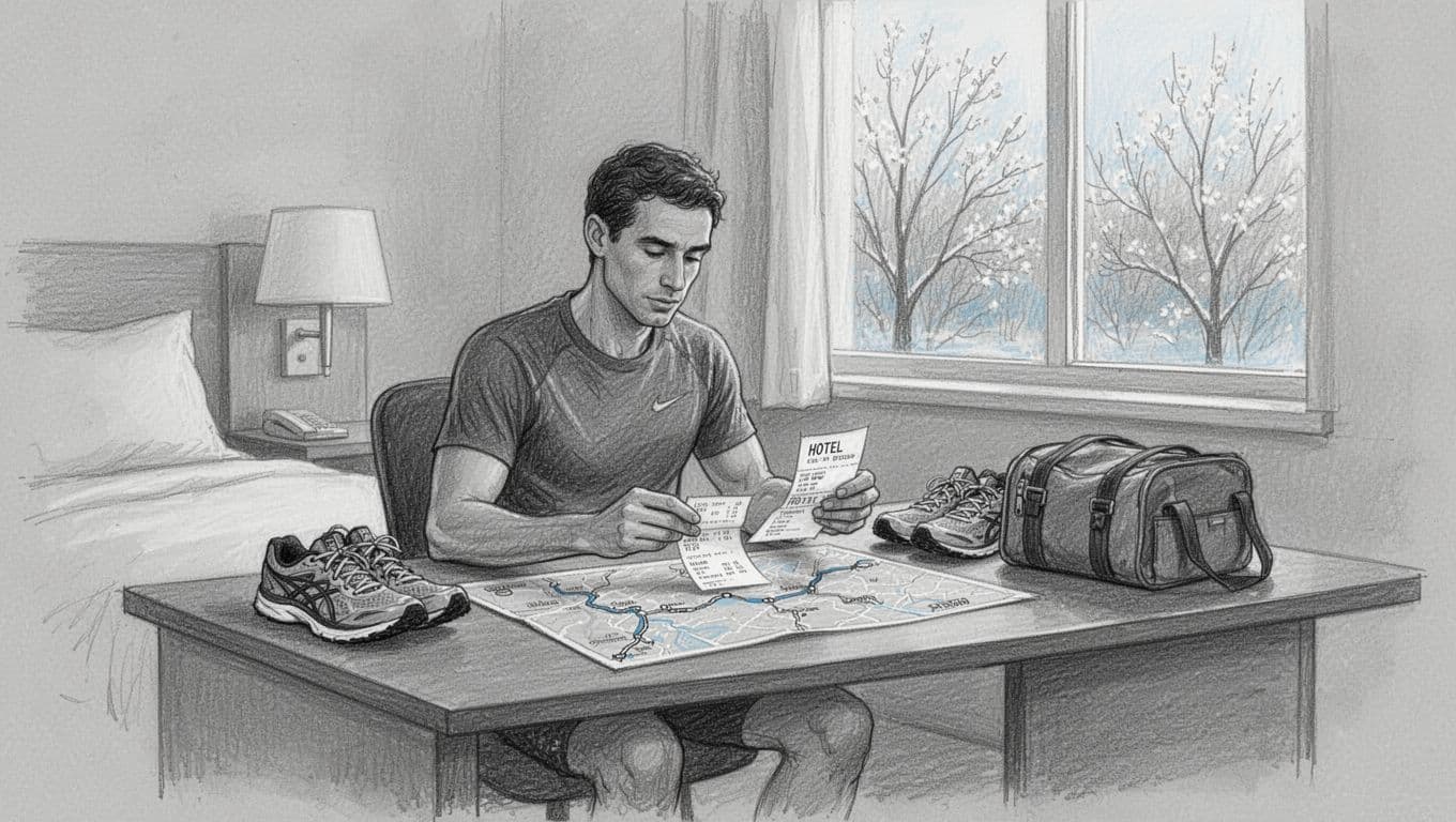 A runner reviews a map and receipt beside shoes and a travel bag in a hotel room.