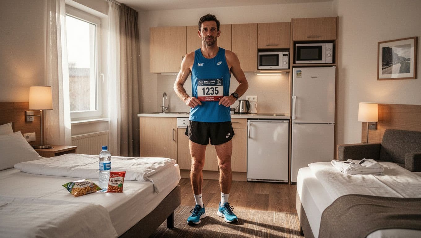 A marathon runner beside race gear and a kitchenette in a bright hotel room.