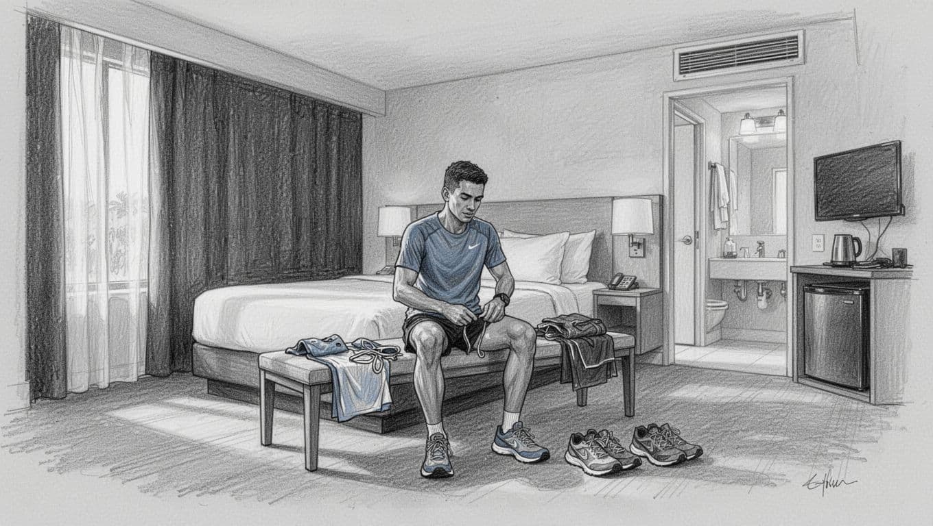 A marathon runner sits on a hotel bed beside organized race clothes and running shoes.