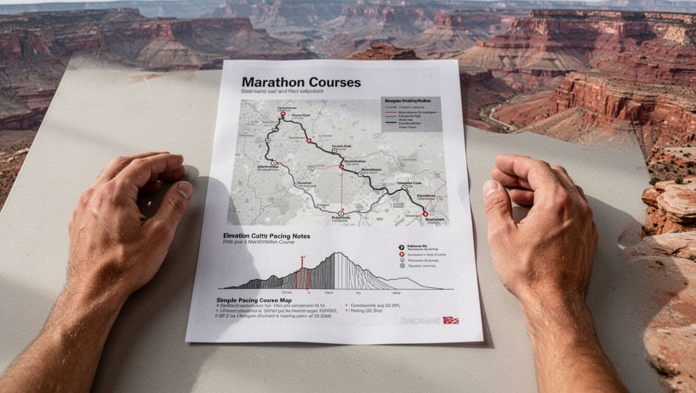 Hands rest beside a marathon map and elevation sketch on a light tabletop.