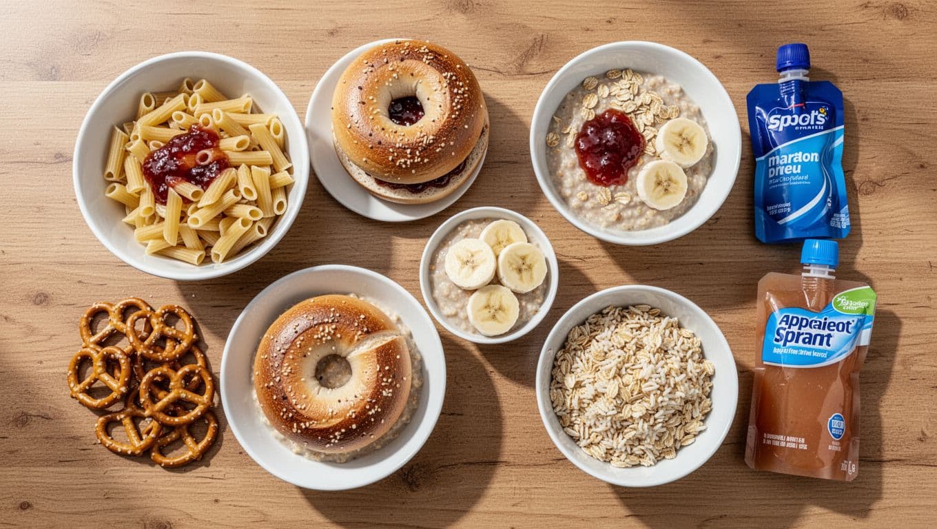 Overhead view of sample mid-morning marathon start meal plan foods arranged on a wooden table, including white pasta bowl, bagel with jam, oatmeal bowl with banana, rice bowl, pretzels, applesauce pouch, and sports drink. Realistic appetizing food photography with bright natural light.
