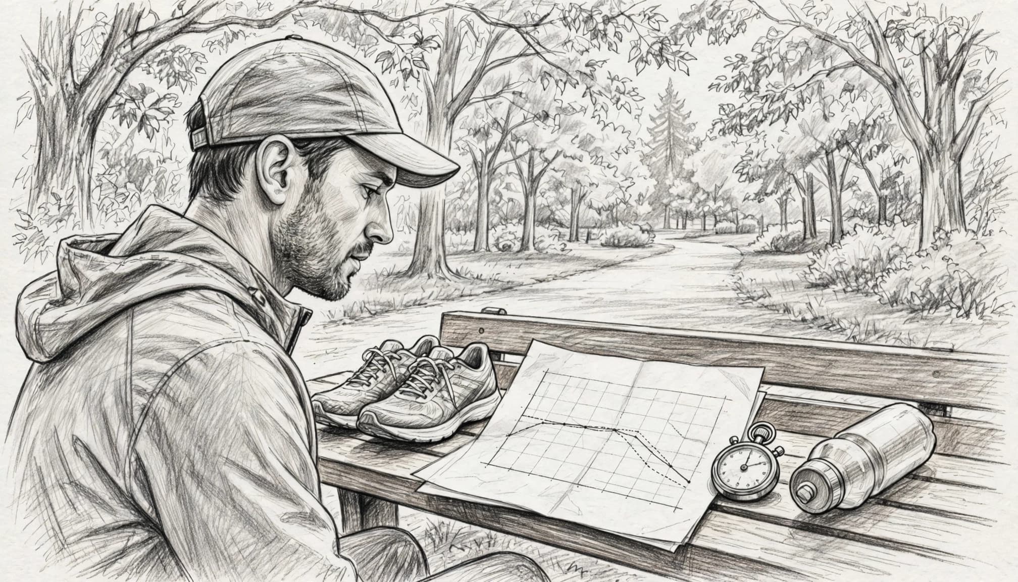A runner reviews race splits beside a stopwatch, shoes, and water bottle on a park bench.