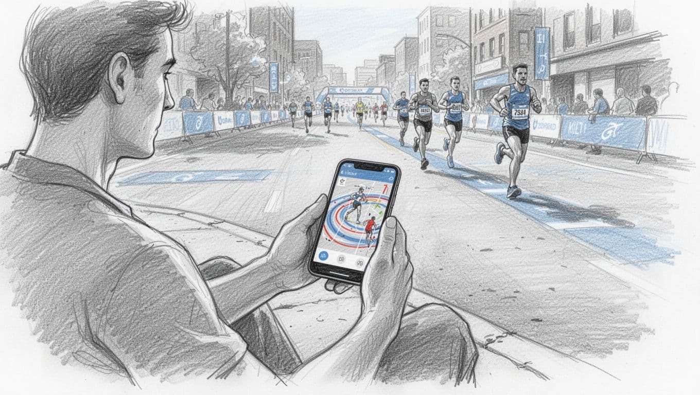 A supporter checks a phone beside a city marathon course.