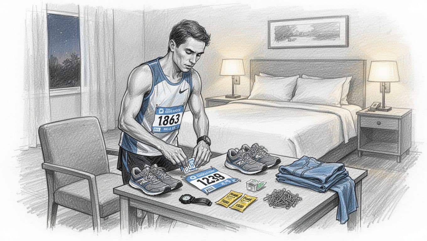 Runner organizing race gear on a hotel table with a bed in the background.