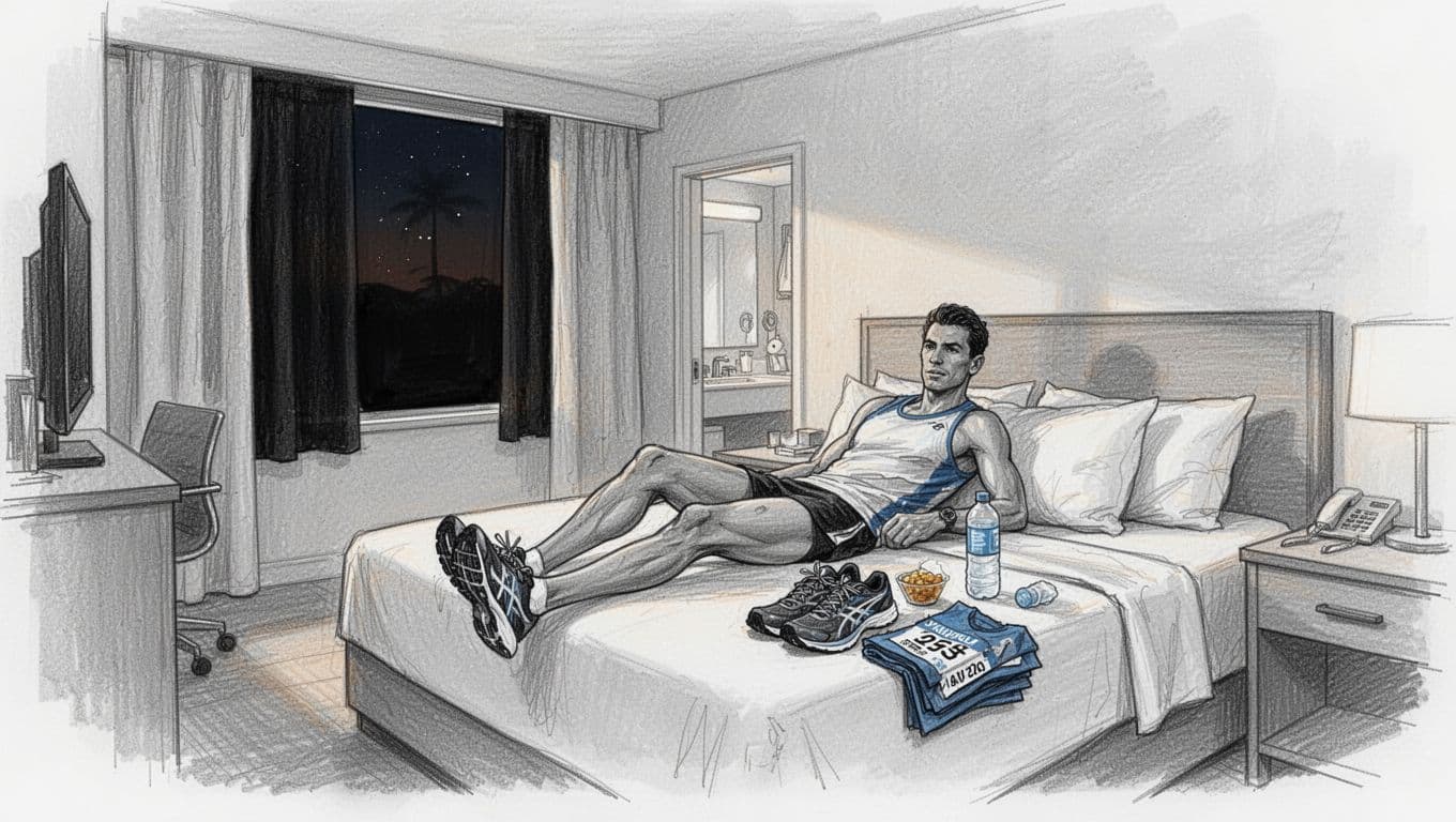 A runner rests beside race gear in a tidy hotel room before dawn.