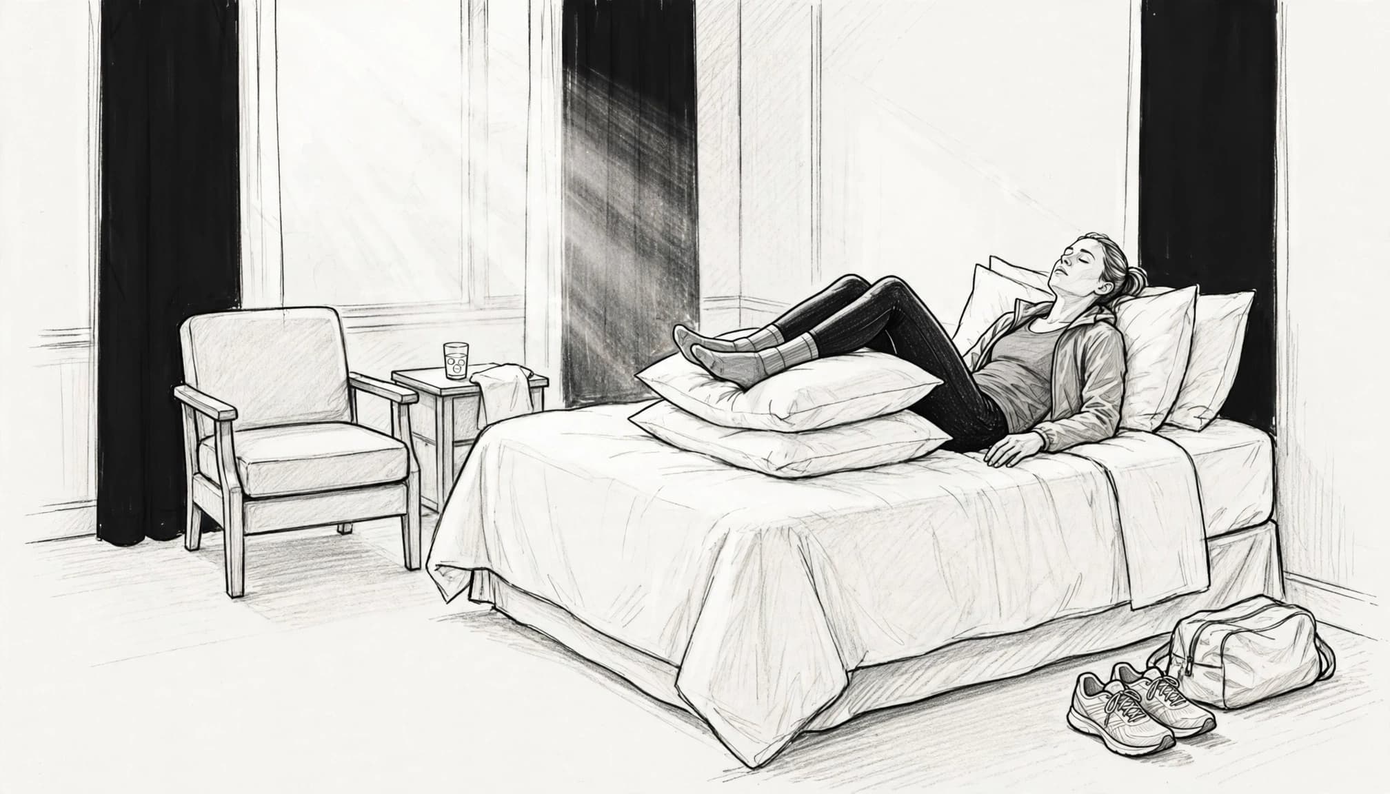 Exhausted runner resting with raised legs beside a made hotel bed.