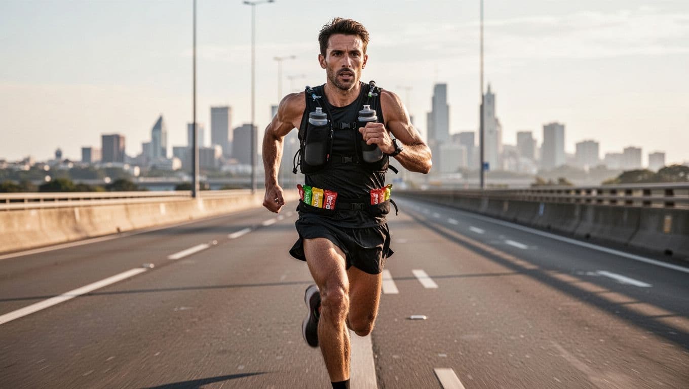 Runner in black hydration vest with front soft flasks and stuffed gel pockets runs paved marathon path toward city skyline.