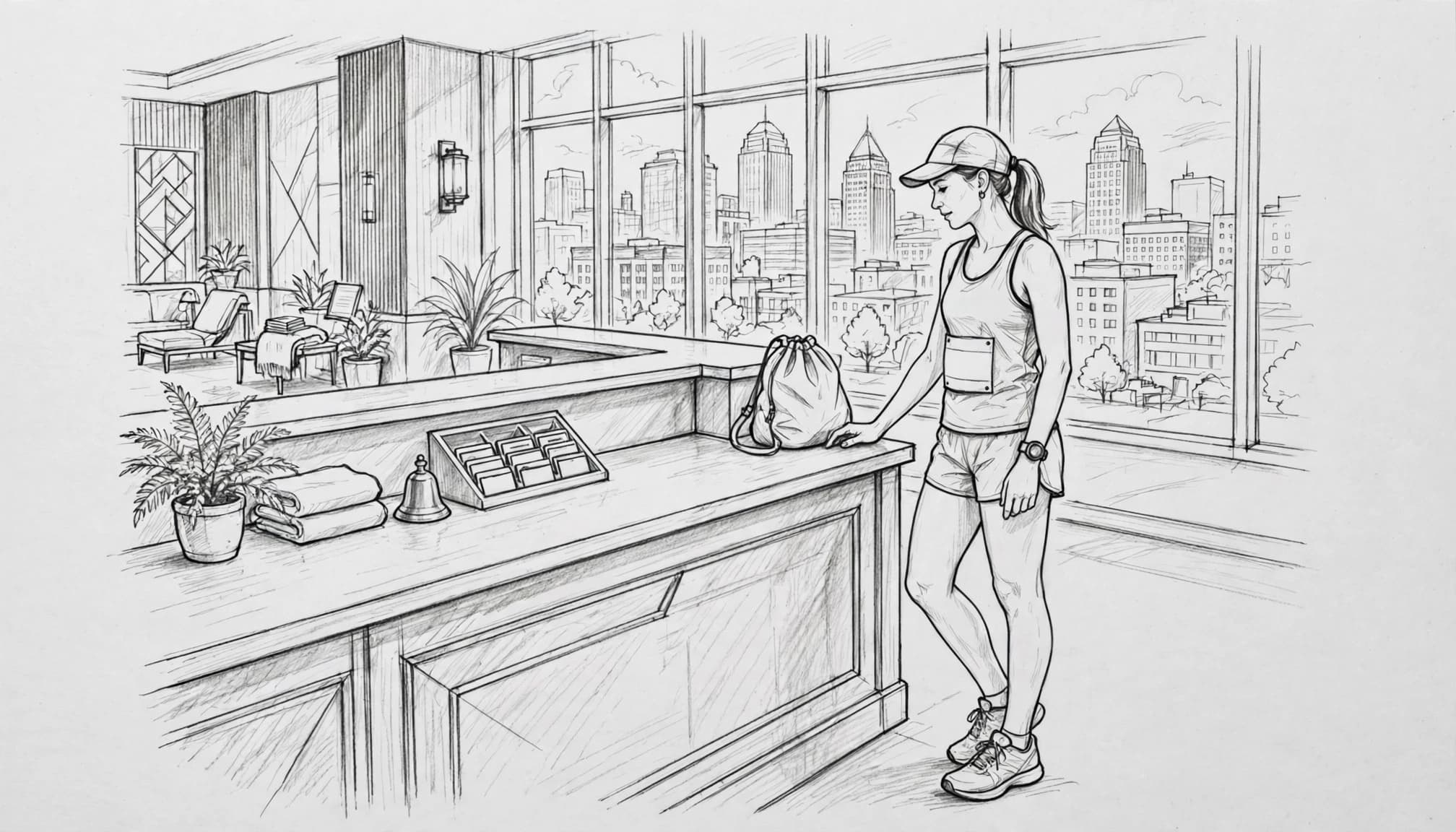 A marathon runner checks in beside a hotel desk with a small overnight bag.