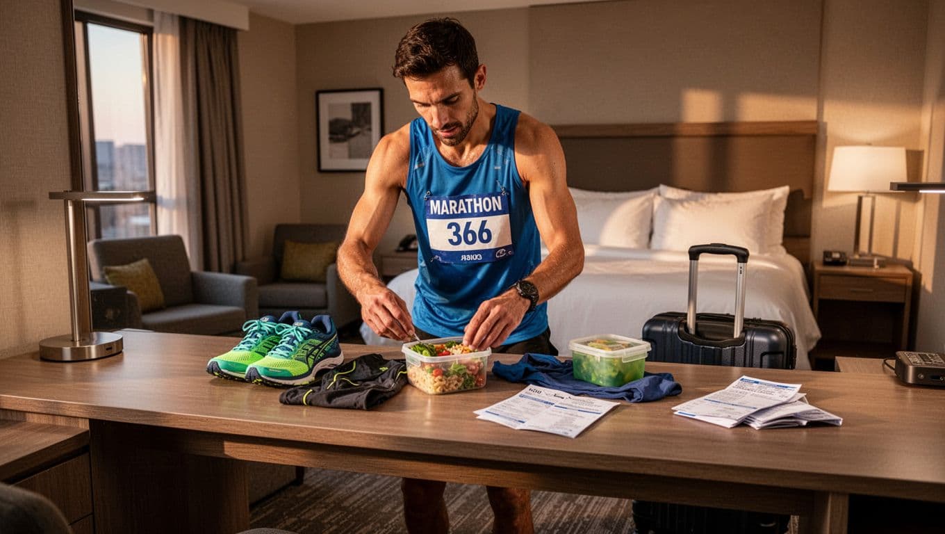 A marathon runner arranges race gear and travel papers on a hotel desk.
