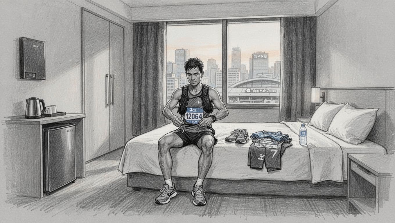 Runner preparing shoes and clothes beside a hotel bed.