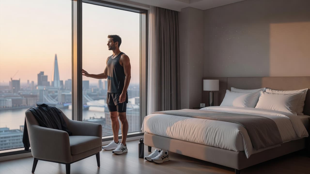 A focused athlete in athletic gear stands by a floor-to-ceiling hotel window as golden morning light fills the room. A tidy bed and minimalist furniture frame the peaceful urban sunrise view.