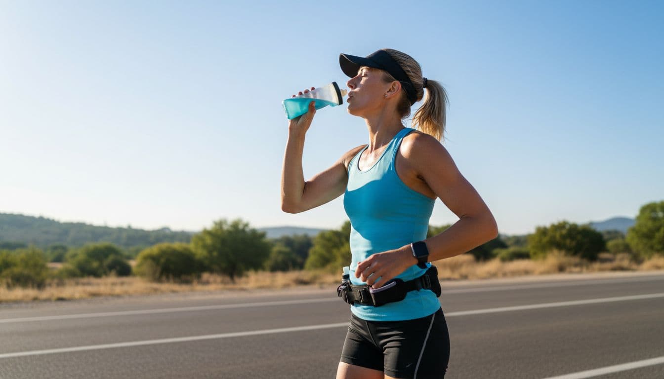 Sweaty marathon runner pauses to sip from soft flask on paved road in morning light.