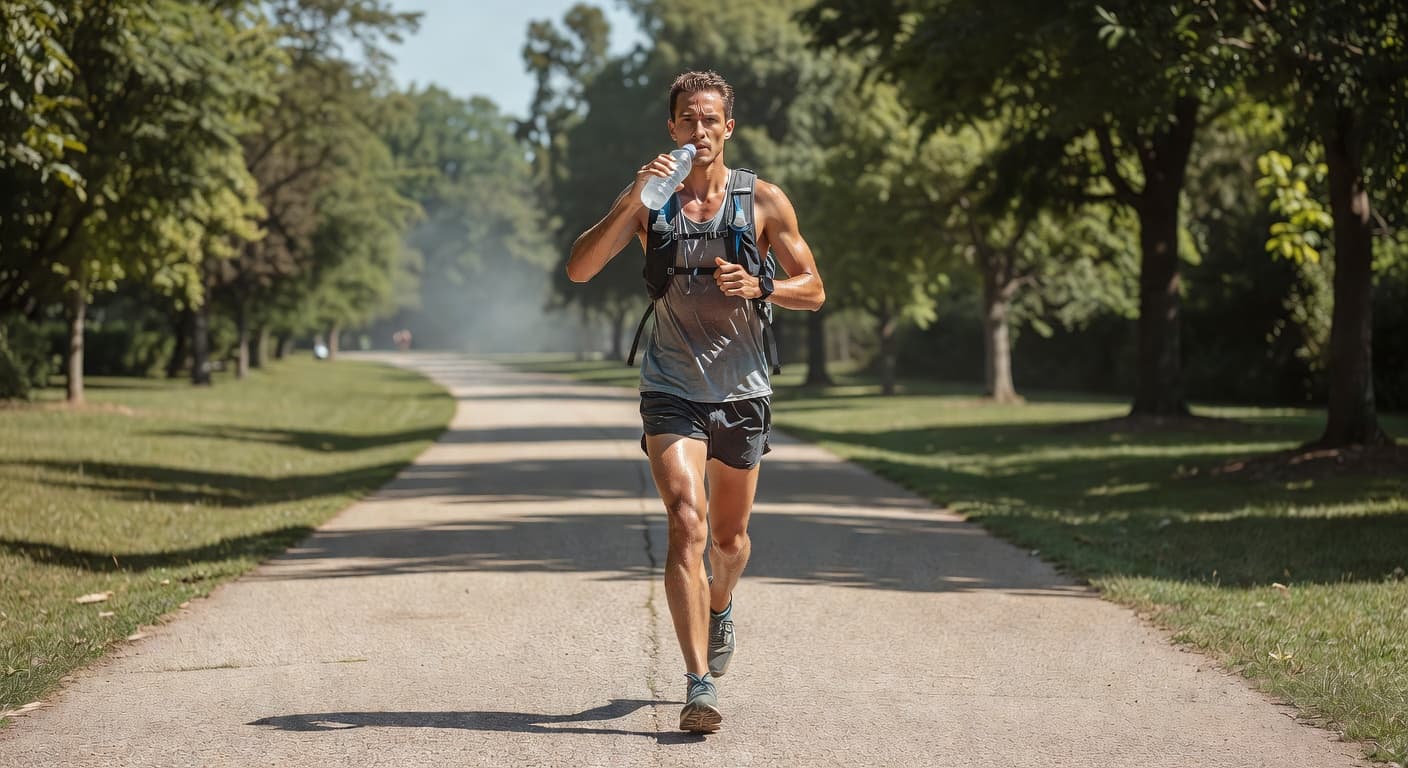 An athletic runner follows a paved path in a sunlit park, clutching a plastic water bottle while maintaining a steady pace. Lush green trees line the background under a clear sky.