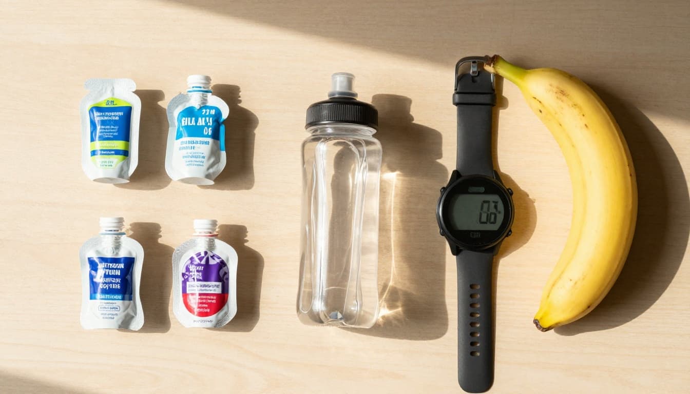 A top-down view of organized energy gels, electrolytes, a watch, and a banana on a clean table.