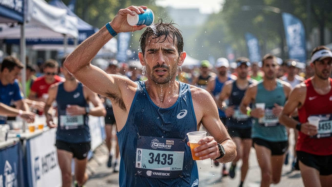 A determined marathon runner at an outdoor aid station on a hot sunny day pours water from a cup over his head with one hand while holding an electrolyte drink in the other, sweat glistening on his face, arms, and jersey, with blurred runners in the background.