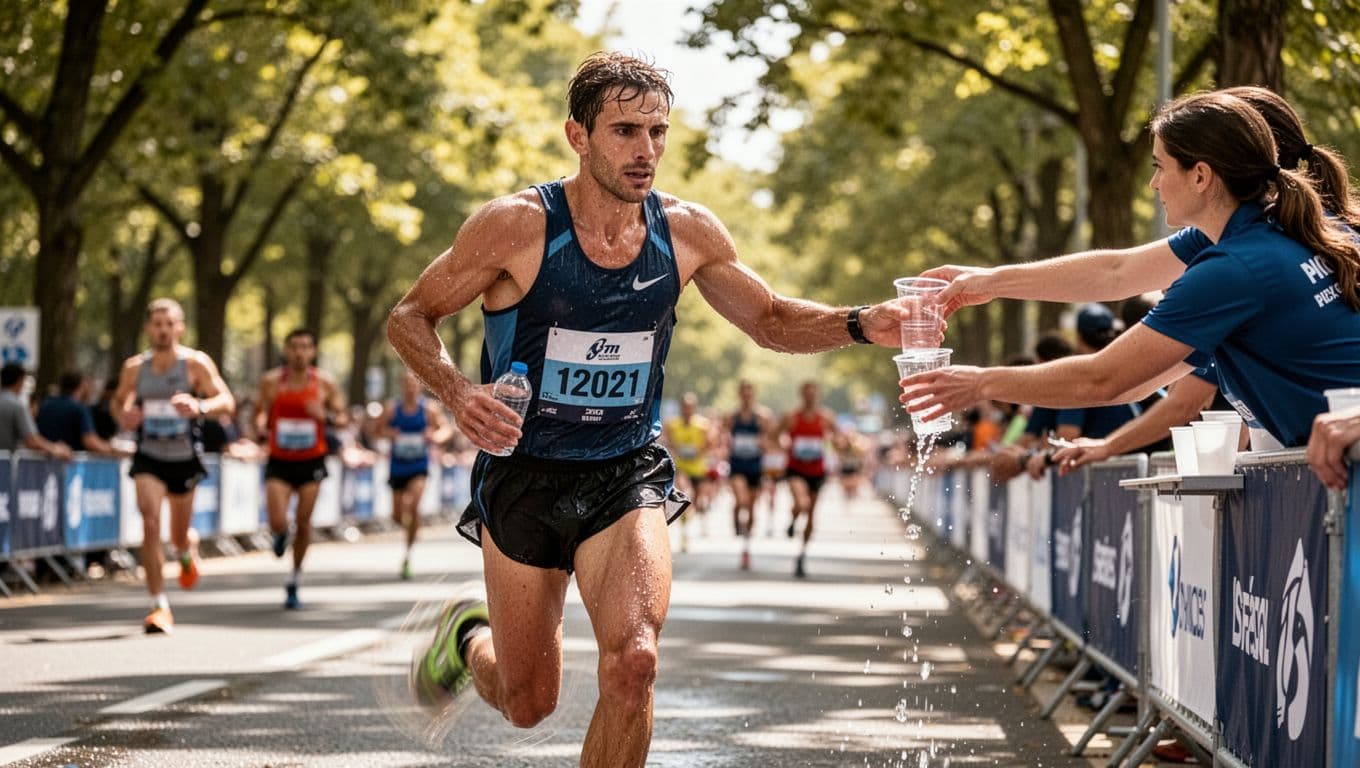 A focused marathon runner in mid-stride grabs a plastic cup of water from a volunteer at a road race aid station, with sweat on their face, dynamic motion blur on legs, and a crowd of runners in the sunny, tree-lined background.