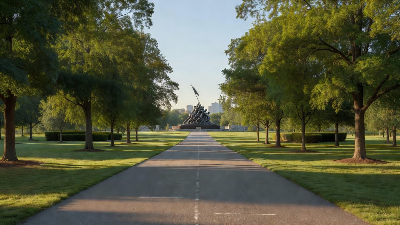 A sunlit paved path leads through a quiet park toward the distant Marine Corps War Memorial.