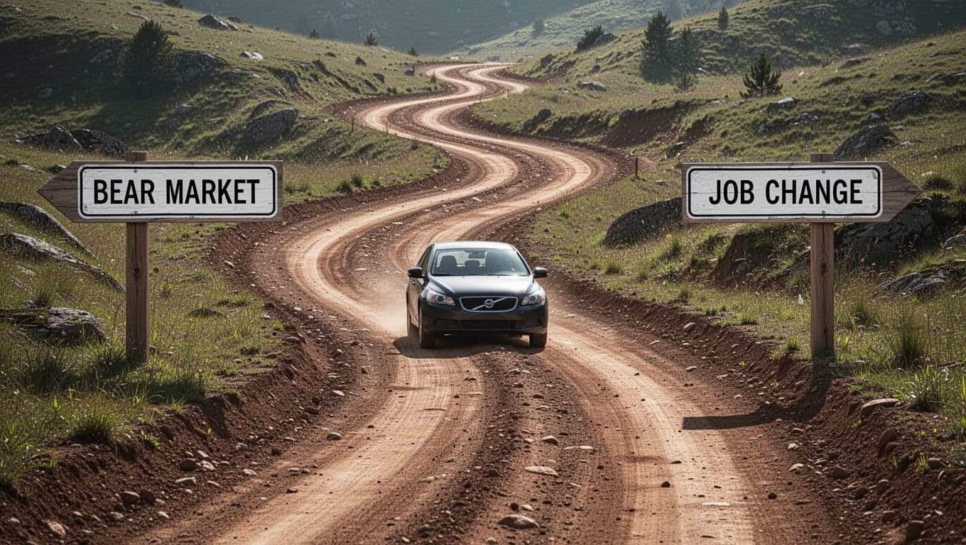 A winding bumpy dirt road symbolizes market volatility, with simple signposts indicating bear market and job change, and one car driving steadily in a realistic daylight landscape.