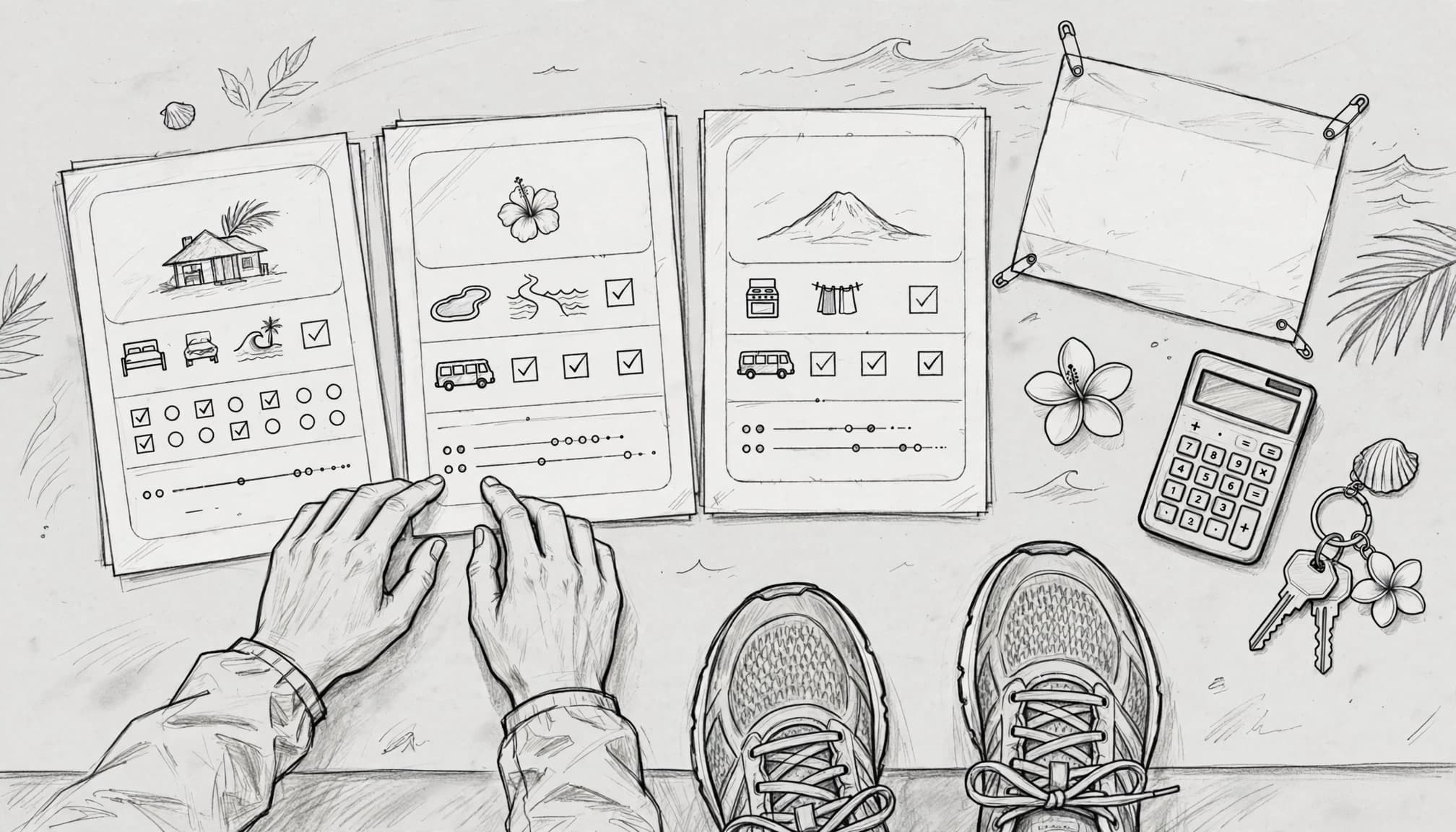 Hands compare lodging pages beside a marathon bib, keys, calculator, and running shoes.