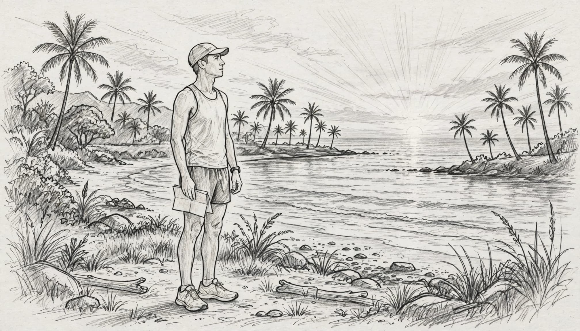 A marathon runner stands by the Maui coast at sunrise with a folded race guide.