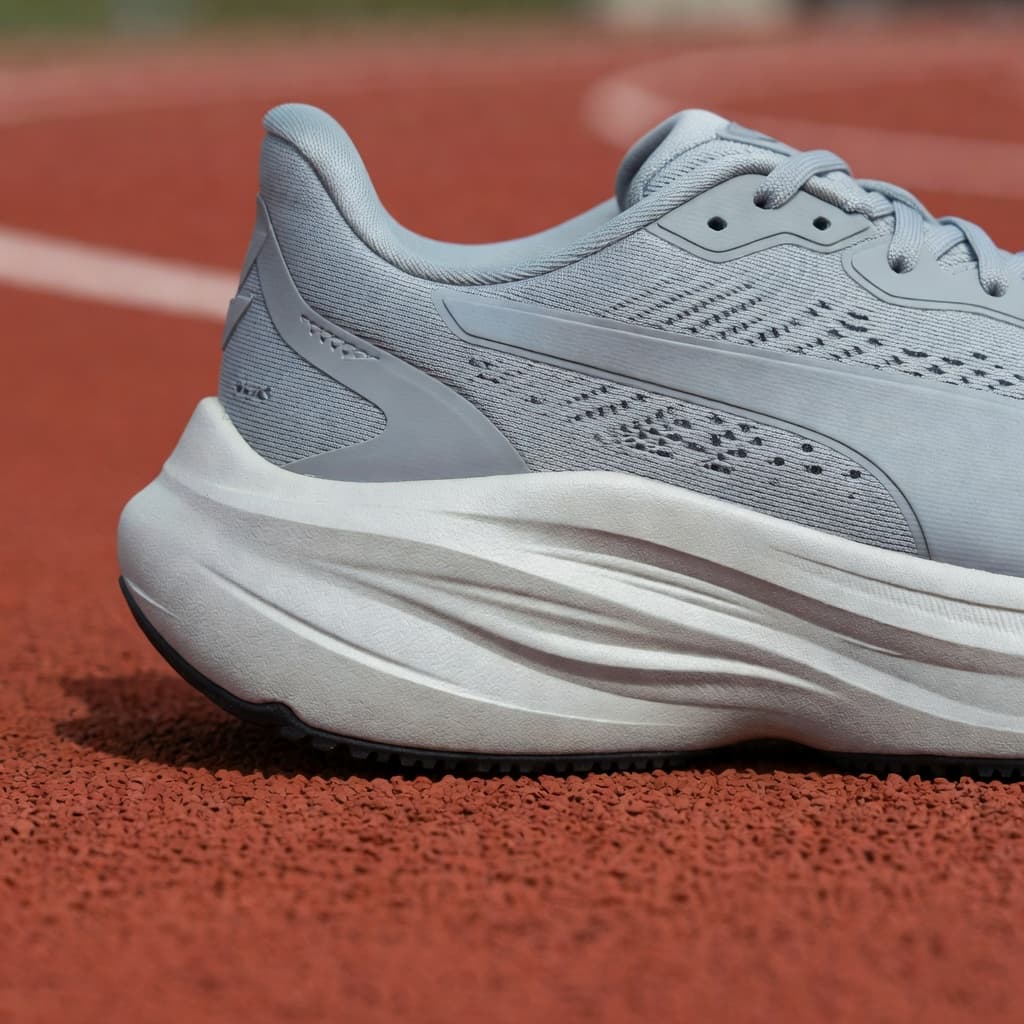 A close-up side view of a neutral-toned running shoe resting on an outdoor track. The massive, thick foam midsole is clearly visible, emphasizing the engineered cushioning designed for high-performance comfort.
