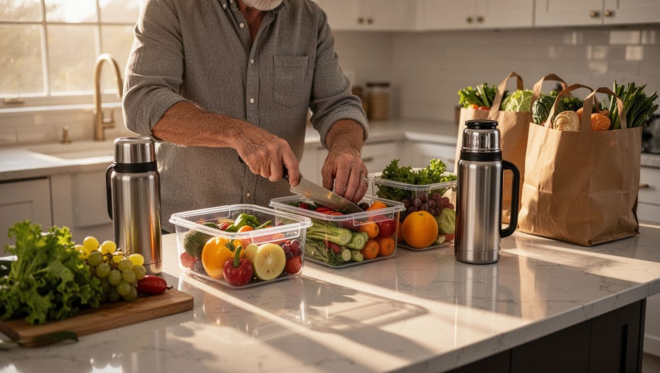 Middle-aged person portions vegetables and fruits into containers in sunny modern kitchen with thermos and grocery bags.