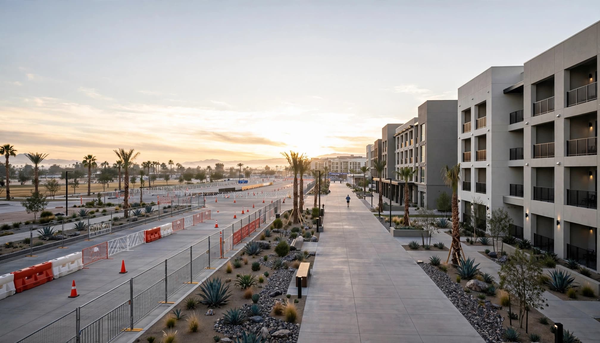 A lone runner walks beside hotels and palm trees near a marathon finish area at sunrise.