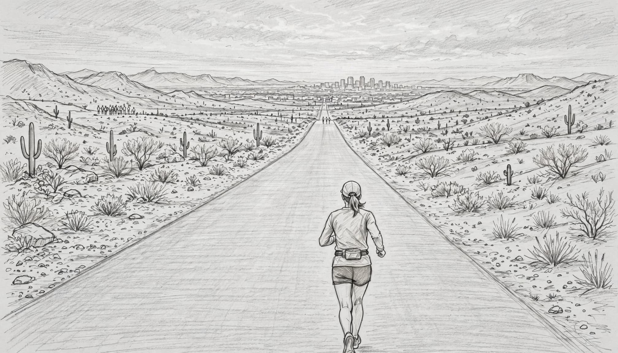 A lone marathon runner heads toward Mesa's distant urban horizon before sunrise.