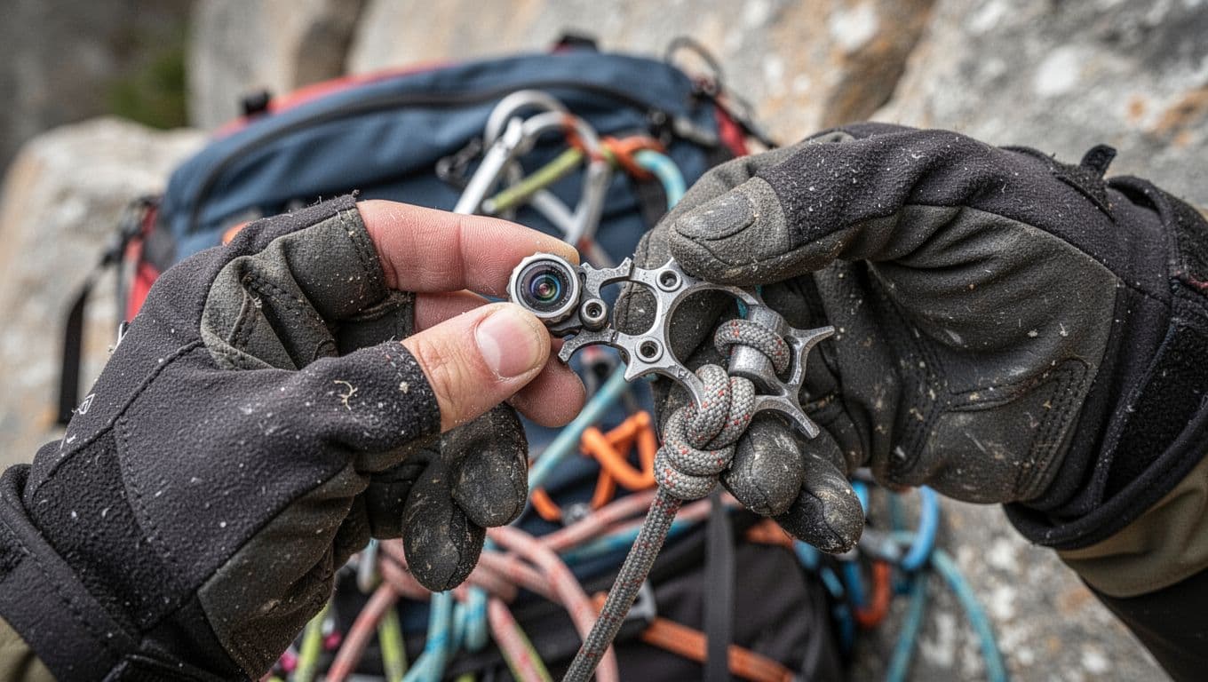 A small micro cam held in two gloved climber hands during quick pre-climb inspection, with one finger testing trigger retraction and the other checking lobes for wear and sling condition, stem visible against blurred outdoor crag gear bag background.