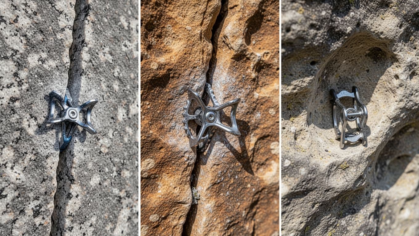 Side-by-side close-up of three micro cams placed in narrow granite seam, sandstone flare, and limestone pod under natural sunlight, sharp focus on rock textures.