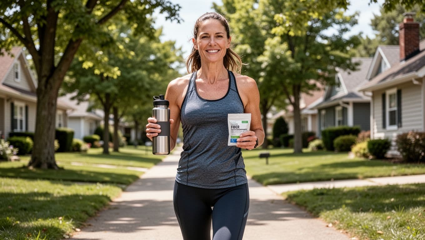 Photorealistic image of a mid-30s female runner in moisture-wicking gear walking briskly on a sunny neighborhood path after a workout, holding an insulated water bottle and a small fiber supplement packet with a relaxed posture and slight smile amid green trees and houses.