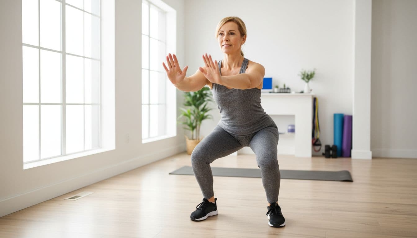 Middle-aged active adult performing bodyweight squats in a bright home gym, demonstrating smooth comfortable knee and joint movement with relaxed posture and focused expression under natural window lighting.