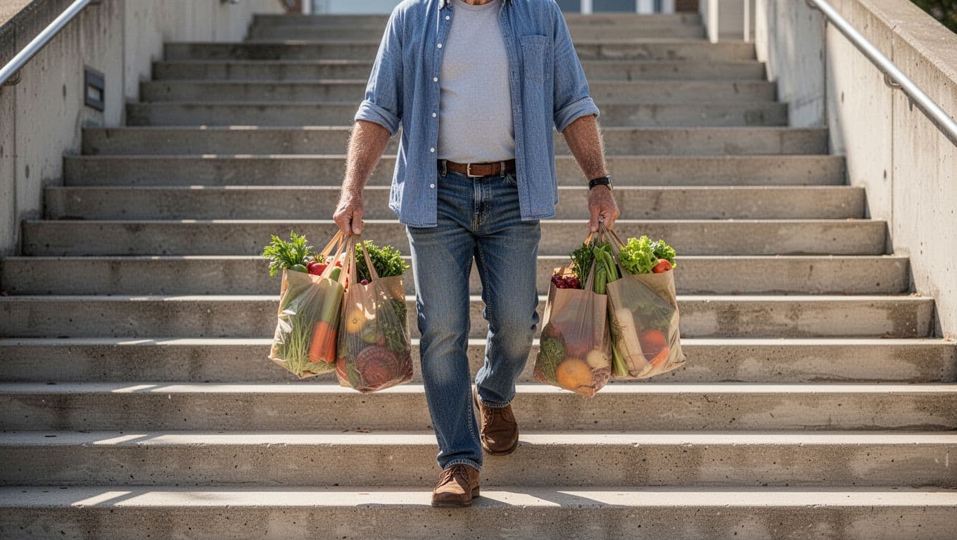 A middle-aged person with confident stride and strong posture easily carries two heavy grocery bags up concrete outdoor stairs on a sunny day.