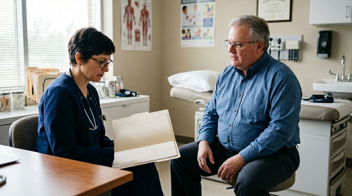 Middle-aged overweight person in doctor's office consulting with doctor about running; doctor reviews chart, patient listens attentively in calm setting with exam table, posters, natural light, realistic photo.