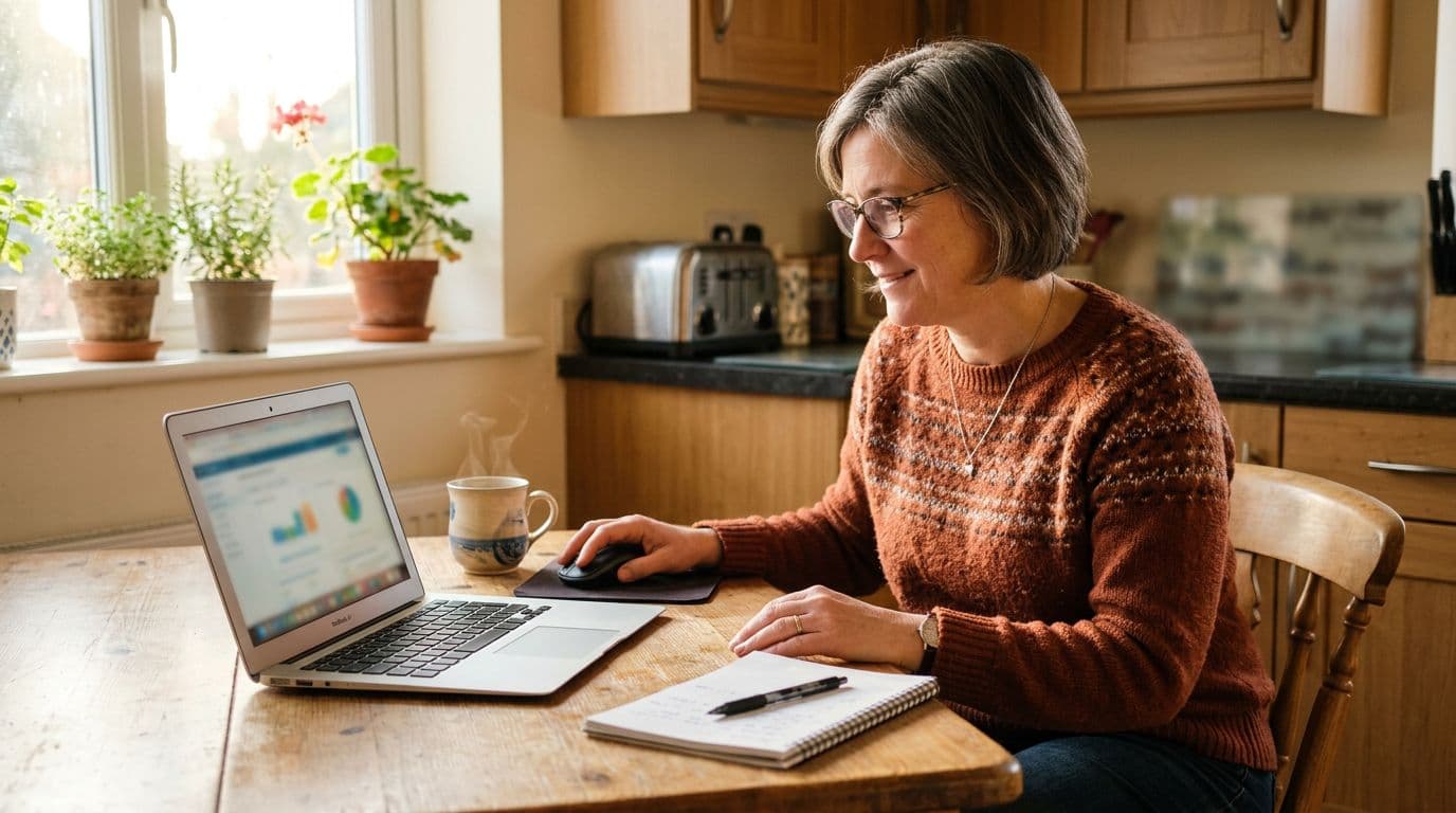 A middle-aged person in casual clothes sits relaxed at a sunny kitchen table, comparing health insurance options on a laptop with one hand on the mouse, coffee mug nearby, and an open notebook; realistic photo in morning light.