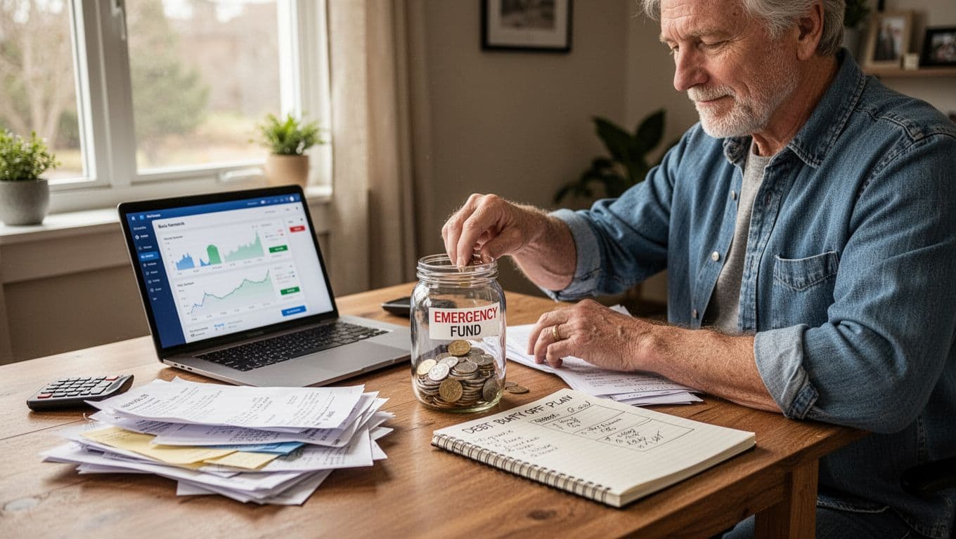 A middle-aged person in casual clothes at a home office desk organizes bills, adds coins to an emergency fund jar, views a basic investment app on an open laptop, and reviews a debt payoff plan in a notebook, with a relaxed focused expression under soft natural window light.