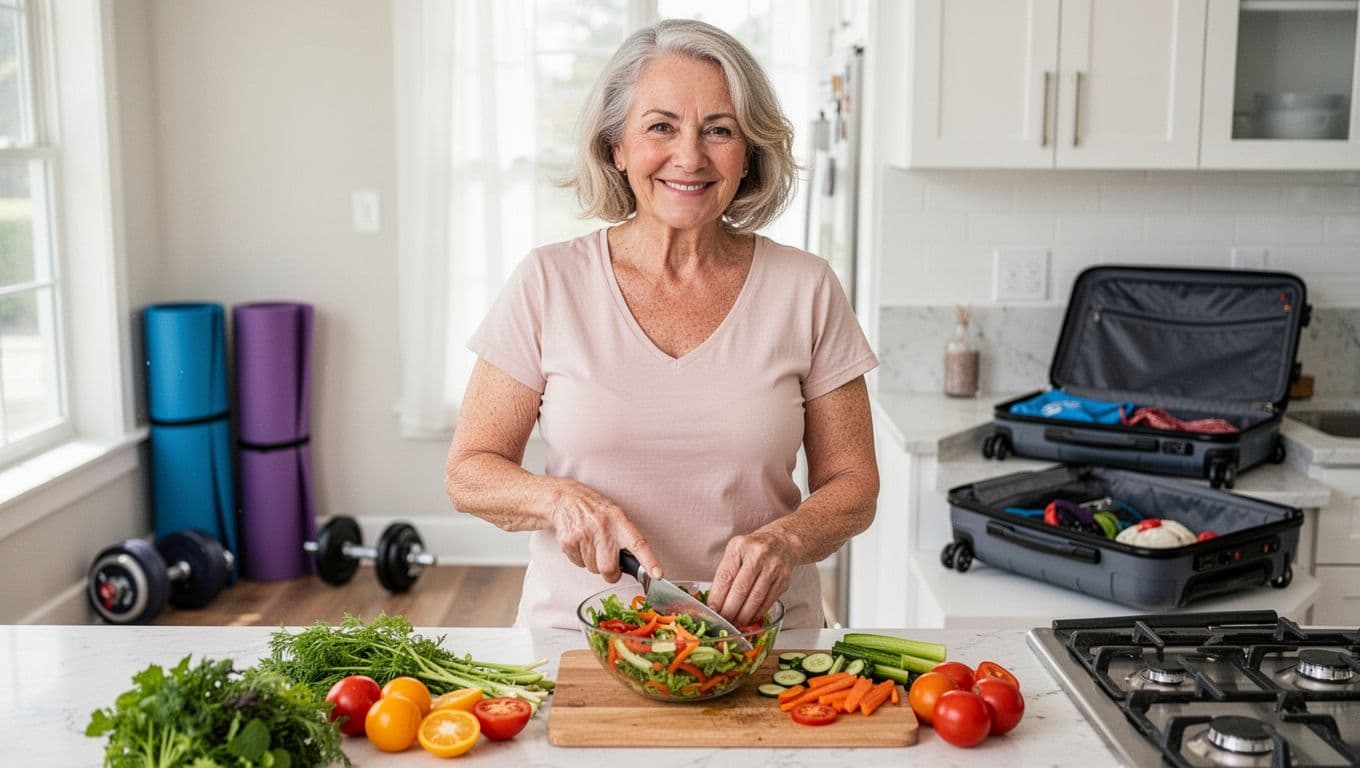 Middle-aged woman in bright kitchen preparing healthy colorful vegetable salad, chopping veggies with relaxed smile; gym mat and dumbbells in background corner, open suitcase hinting travel nearby, morning natural light, photorealistic style, exactly one person.