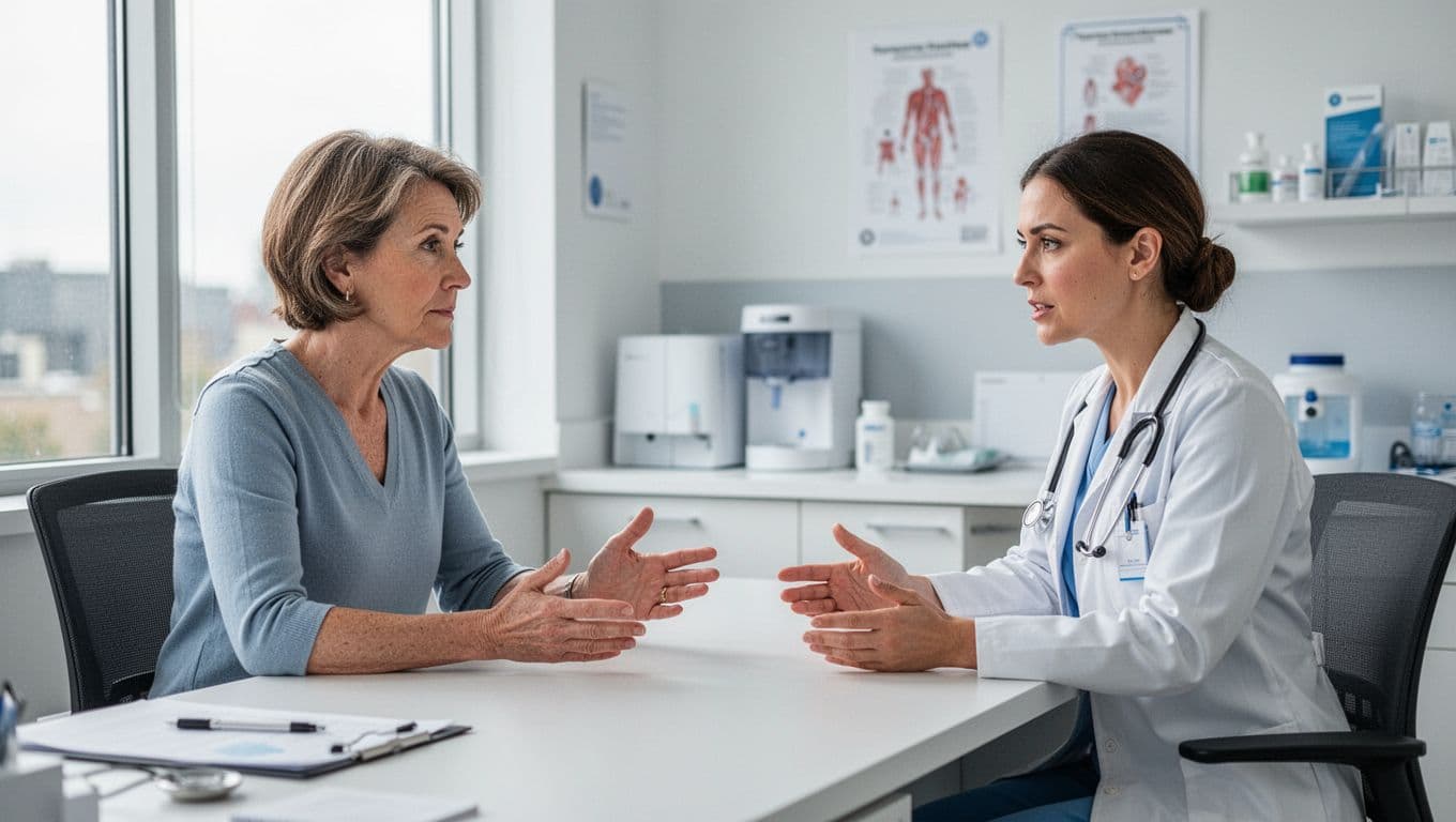 A woman in her mid-40s with short hair sits across a desk from a female doctor in a bright modern clinic office, gesturing calmly with hands on the desk while discussing health concerns, both with focused expressions under natural side window light.