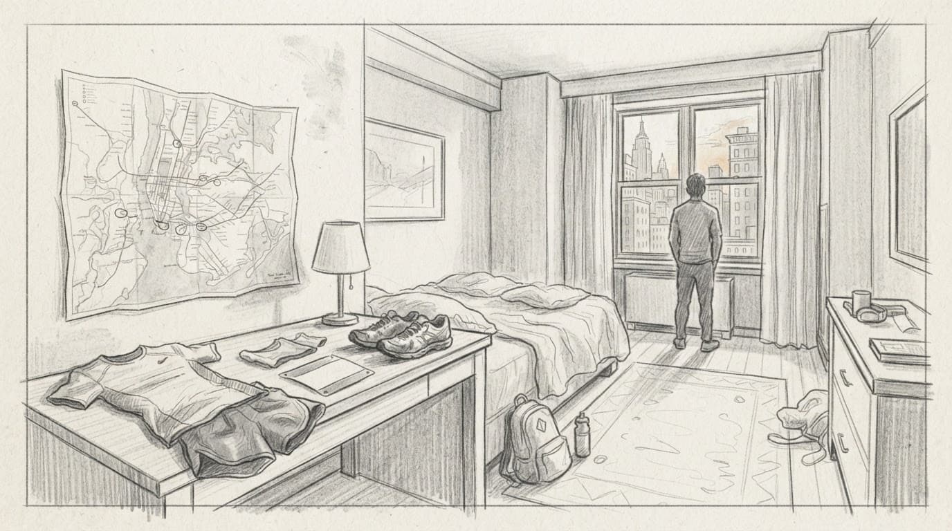 Graphite sketch of running shoes and a city map on a hotel desk in morning light.