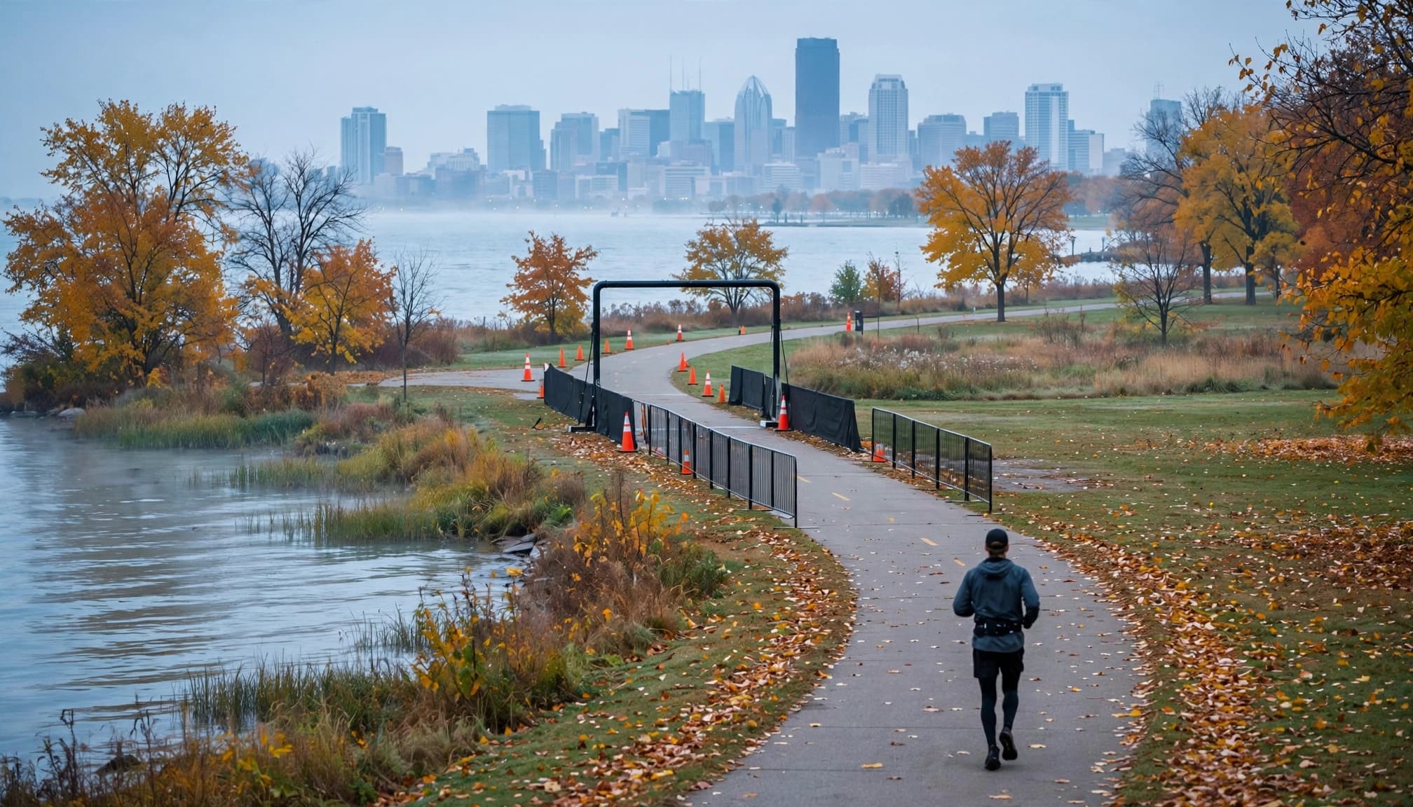 One runner approaches a lakeside finish area with autumn trees and Milwaukee's skyline in the distance.