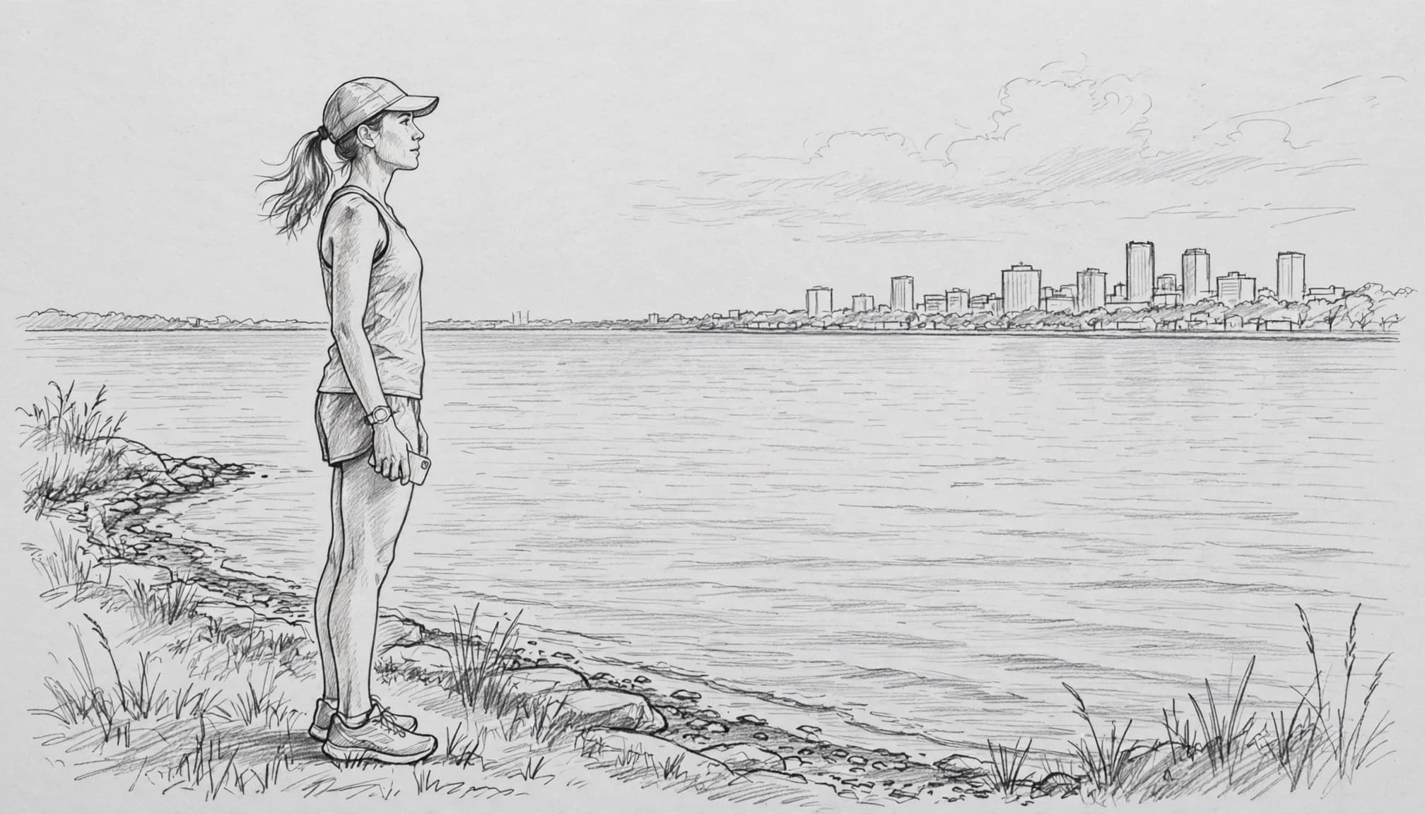 A runner stands by Lake Michigan with a phone before a marathon.