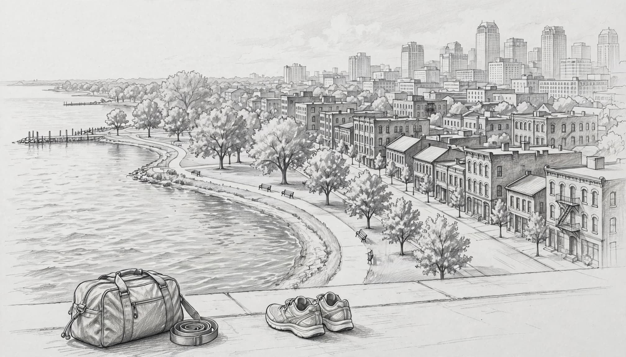A Milwaukee cityscape with waterfront parks, hotel towers, a duffel, and running shoes.