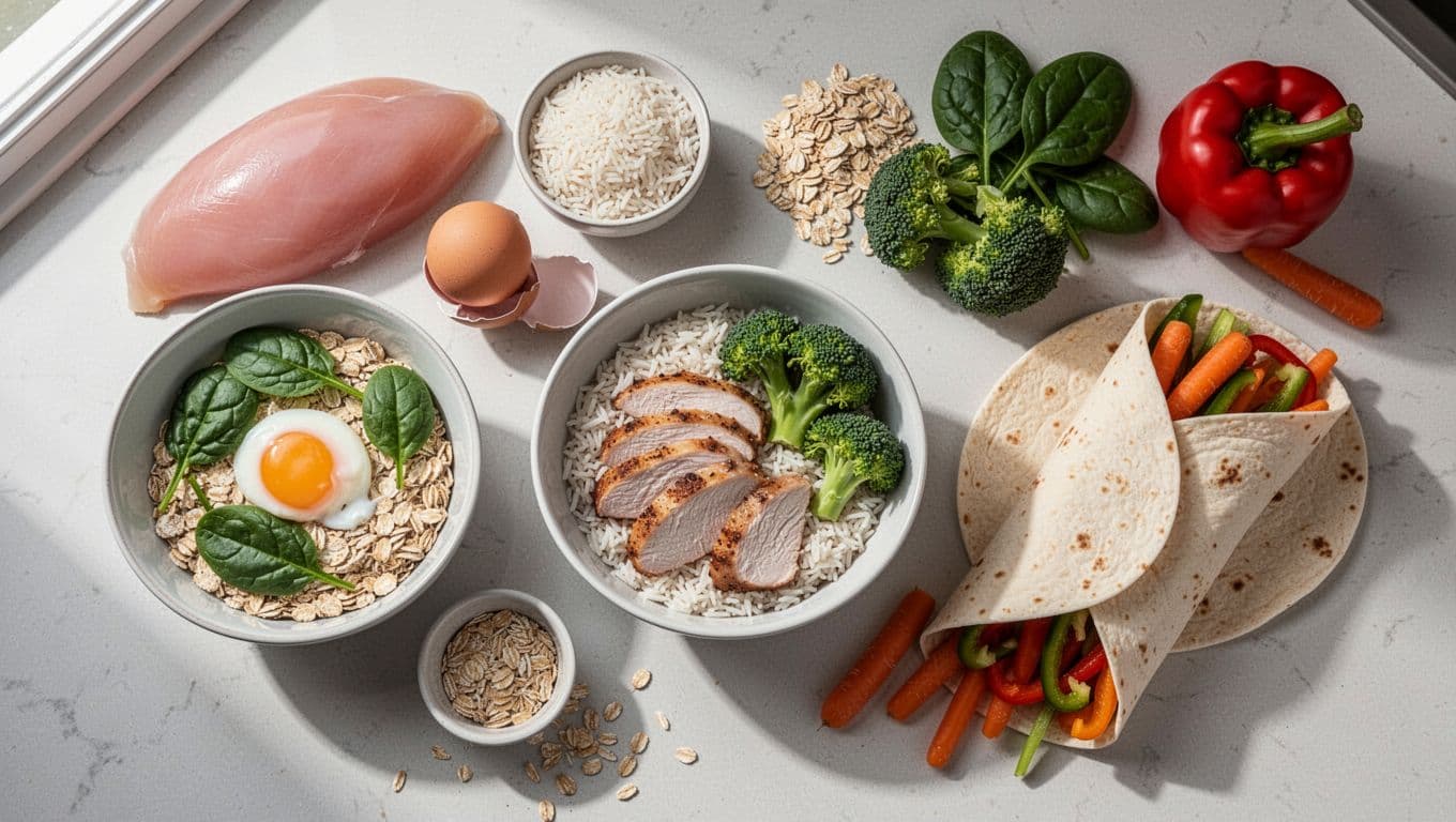 Top-down photorealistic flat lay of a kitchen counter with chicken breasts, eggs, rice, oats, broccoli, spinach, carrots, and bell peppers arranged into sample breakfast, lunch, and dinner bowls.